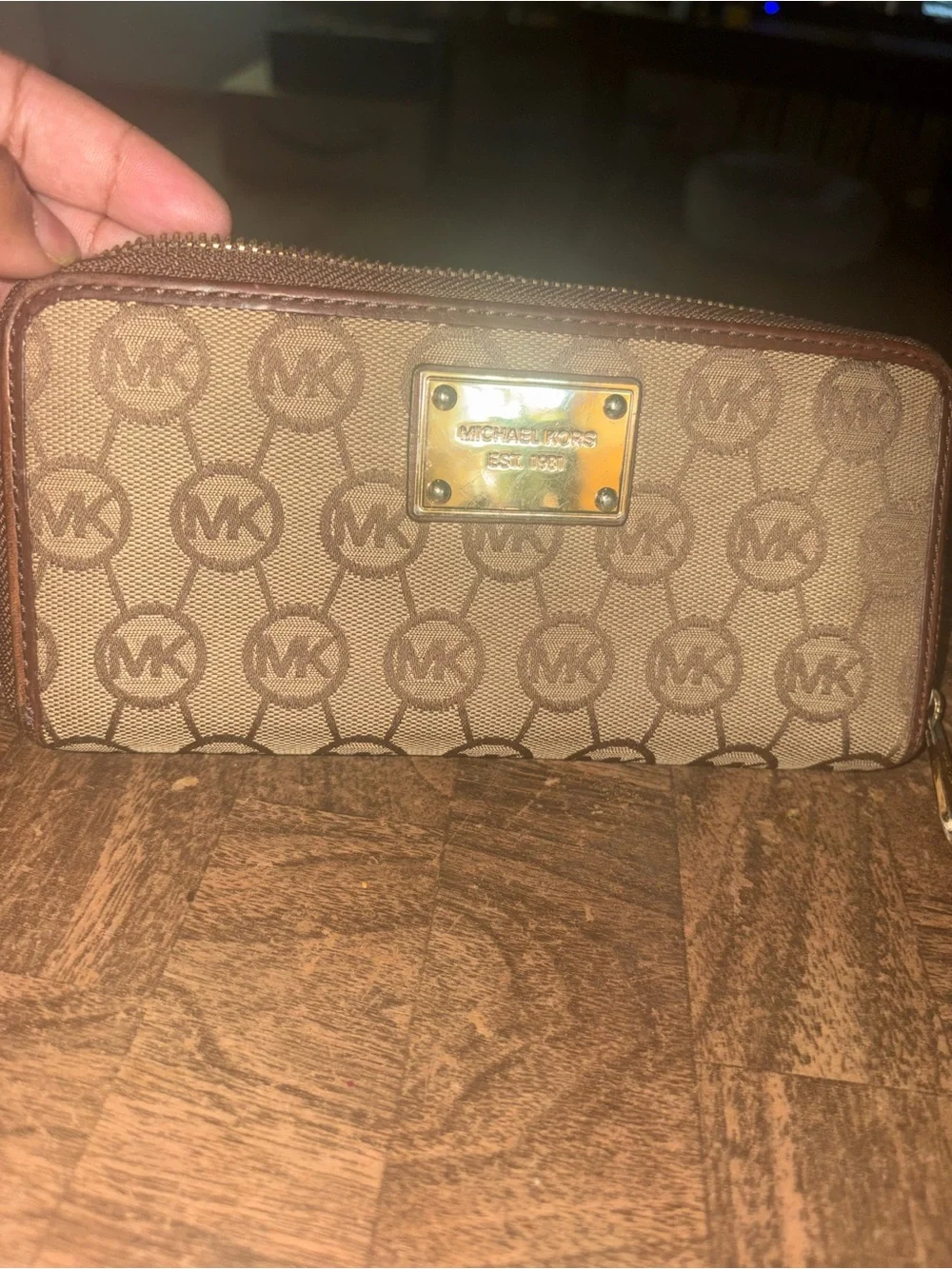 Michael Kors Tan and Brown MK Signature Zip Wallet with Gold Plate